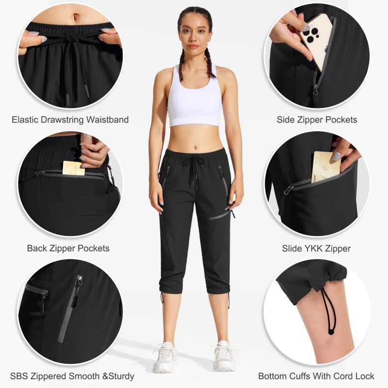 MOCOLY Women's Hiking Capris Pants Outdoor Lightweight Quick Dry Water Resistant UPF 50 Cargo Pants with Zipper Pockets Black S - Image 4